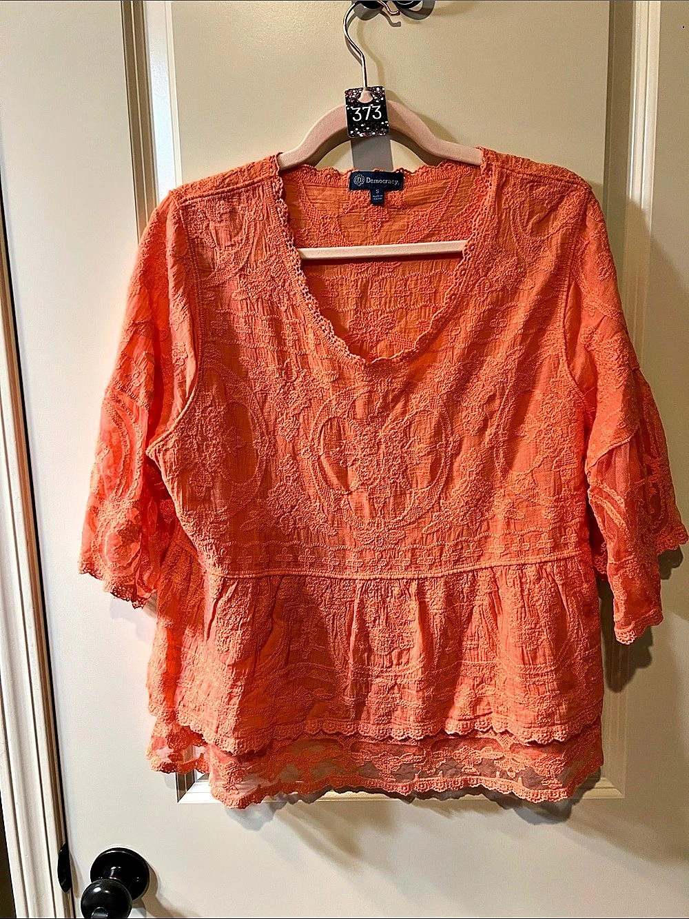 Democracy Embroidered Peplum Top with Crochet Trim Orange Small H373